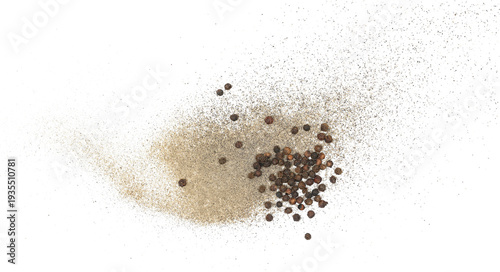 Black ground and whole pepper flying, isolated on white, clipping path