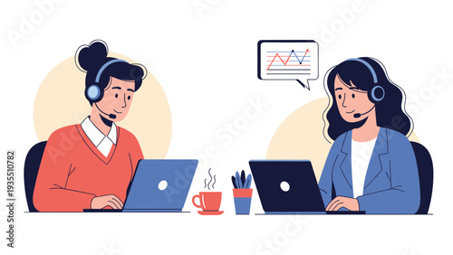 Professional female customer service representatives wearing headsets while working diligently on laptops in a modern office.