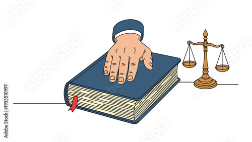 Person taking an official oath by placing their hand on a law book next to the symbolic scales of justice in a legal setting.