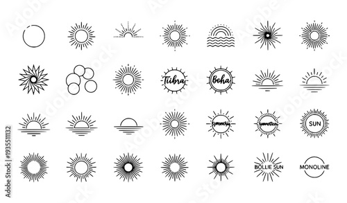 Modern Monoline Sun Outline Vector Set Minimal Solar Line Icons Collection on White Background