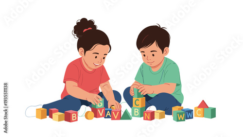 Happy young boy and girl sitting on the floor while creatively playing with colorful alphabet and shape building blocks.