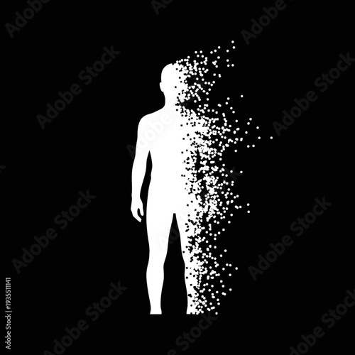 Man Disintegrating into Particles on Black.