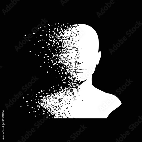 Disintegrating Human Head Silhouette Illustration.