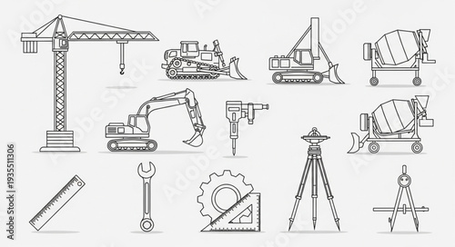 Collection of construction equipment and tools line art illustration.