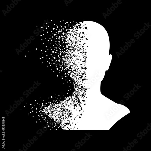 Human Head Silhouette Disintegrating into Particles.
