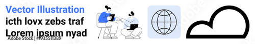 Team collaboration, remote work, cloud computing, global connectivity, online communication, digital access. Two people working together with a tablet and laptop, a globe icon, and a cloud symbol