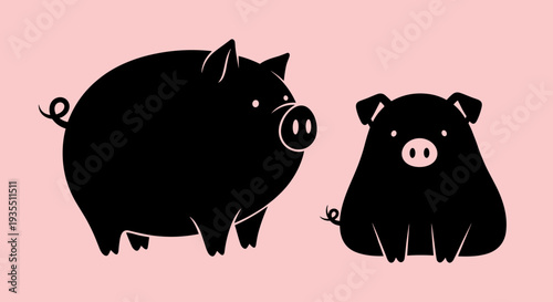 Two Black Pigs Silhouette Illustration.