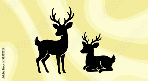 Two Deer Silhouettes Standing and Sitting.