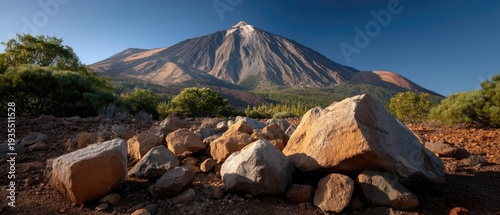Teide volcano stands tall with rocks and plants surrounding it under a clear sky during golden hour light with warm colors