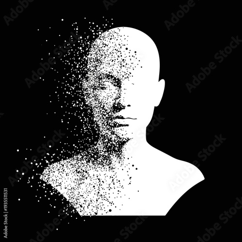 Disintegrating Human Head Portrait Closeup.