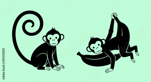 Black and White Monkey Illustration Playing.