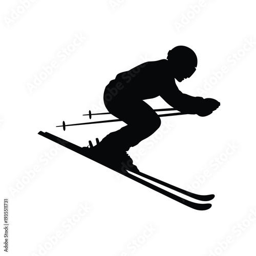 A silhouette of a skier in mid air dynamically descending a slope