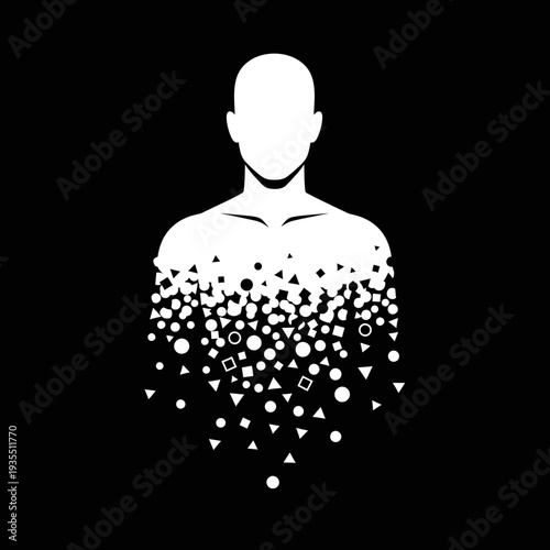 Man silhouette with dissolving shapes and particles.