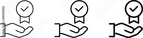 Three hands each holding a different style of checkmarked badge