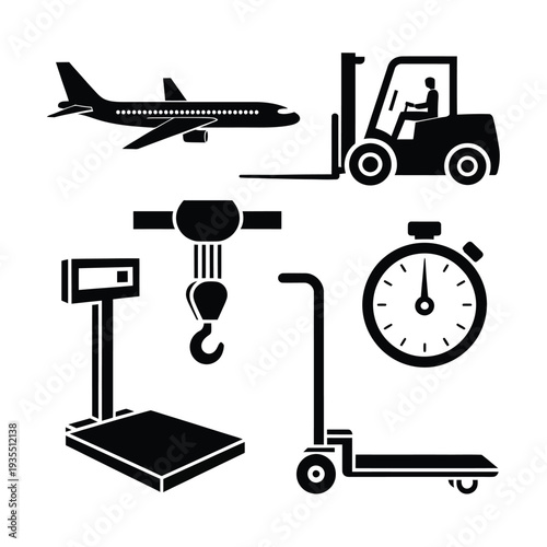 Various industrial tools and equipment depicted in a black silhouette style