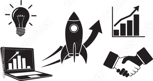 Business Growth Concept with Rocket and Laptop Icons Shown