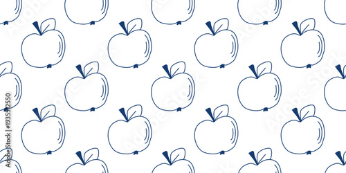 Hand drawn apples seamless pattern. White background with fruit silhouettes, doodle sketch style. Healthy organic food print. Continuous fill for packaging, paper, textiles, and design. Vector graphic