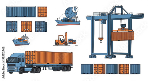 Shipping Containers and Logistics Equipment Illustration.