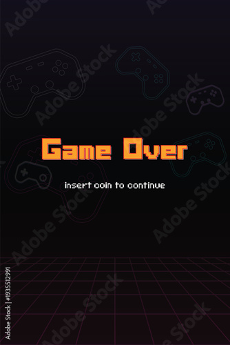 Game Over, Retro games for game assets in retro futuristic sci-fi background vector illustration. Glowing neon from an old arcade