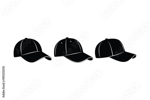 Three black baseball caps lined up in a row against a white background. Vector