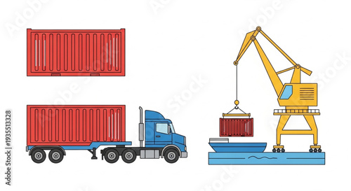 Shipping Container Truck and Crane Illustration.