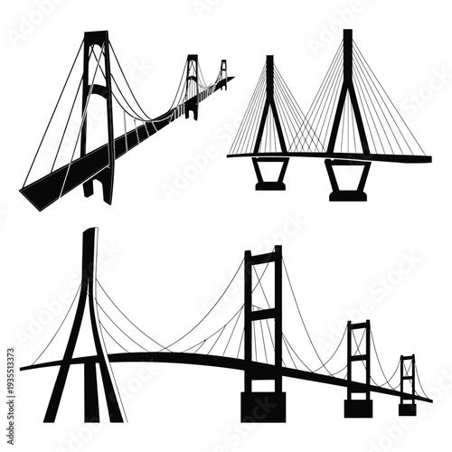 Black and white illustration depicting various suspension bridge designs