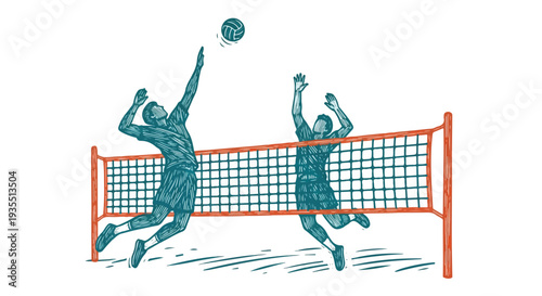 A textured, two-tone action illustration featuring two male volleyball players in a mid-air jump during a competitive match, styled with a hand-drawn architectural sketch aesthetic.