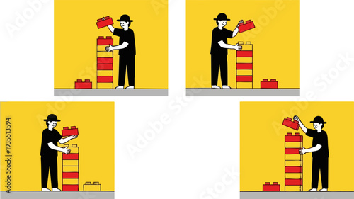 Man stacking colorful toy blocks in sequence showing construction progression vector