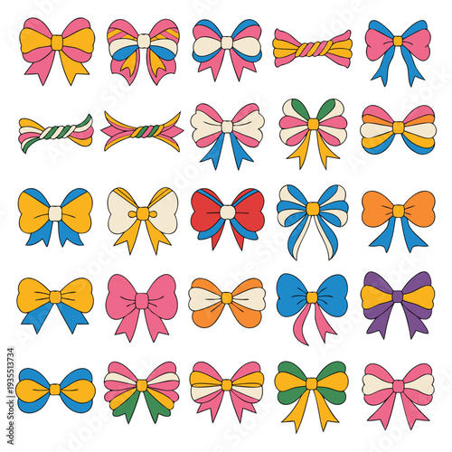 hand drawn collection of cute retro bows in a sticker-style flat vector