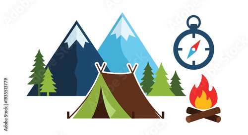 Camping scene featuring mountains tent campfire and navigational compass illustration
