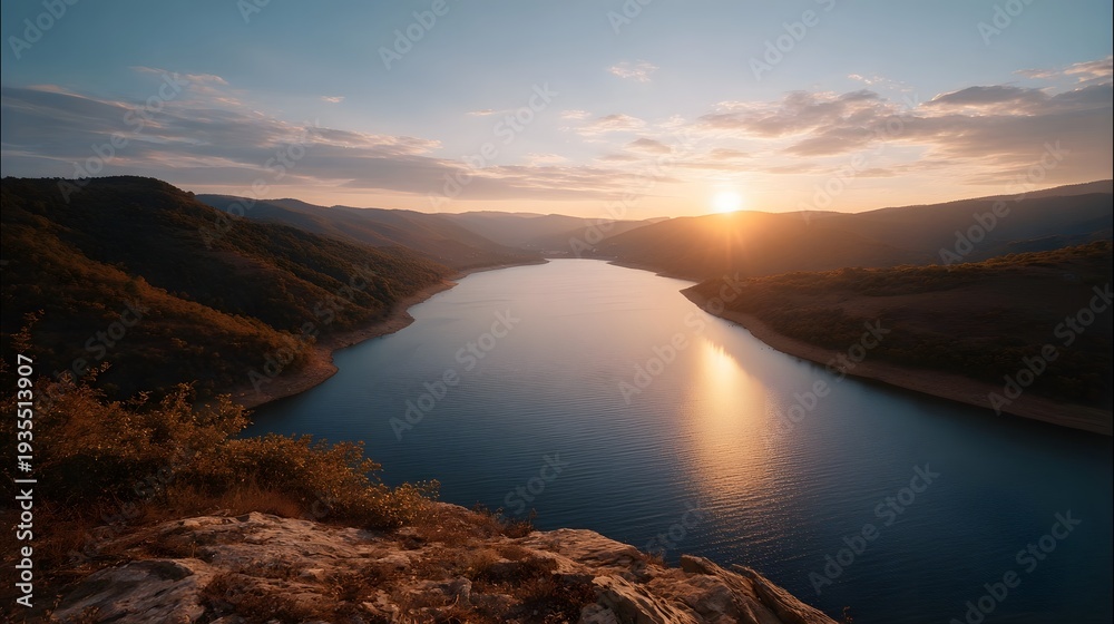 Obraz premium Serene lake nestled between rolling hills during a breathtaking golden hour sunset