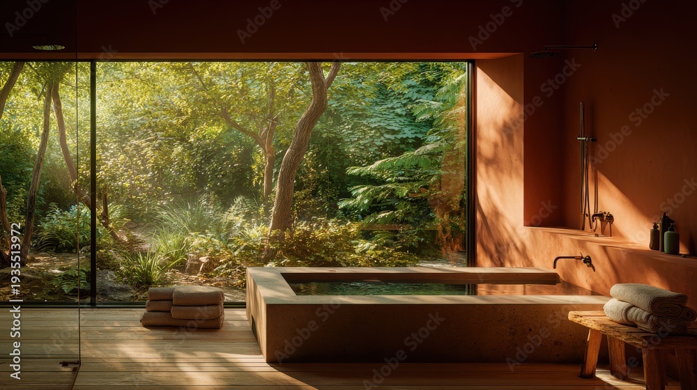 Fototapeta premium Therapy stress release treatment, health lifestyle. A bathroom with a wooden floor, a wooden bench with folded towels, a bathtub with a tap, a wall with a glass door.