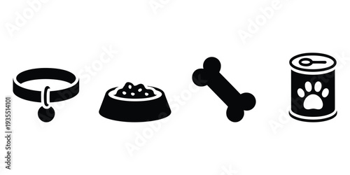 Set of black and white pet accessory icons on white background