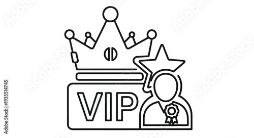 Line art illustration of a crown above a vip badge with a keyhole