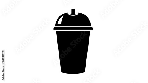 Black silhouette of a disposable cup with lid and straw, isolated on white background.