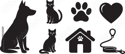 Black silhouettes of pets and pet care items icons
