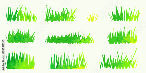 Variety of stylized green grass tufts and blades on a white background