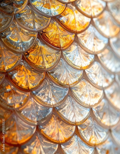 Close-up of shimmering, overlapping glass scales in amber and silver tones.