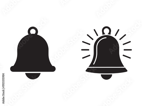 Bell icons with one notification symbol and one regular bell on white background  simple black bell shapes