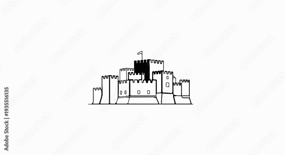 Naklejka premium A black and white illustration of a castle with a moat