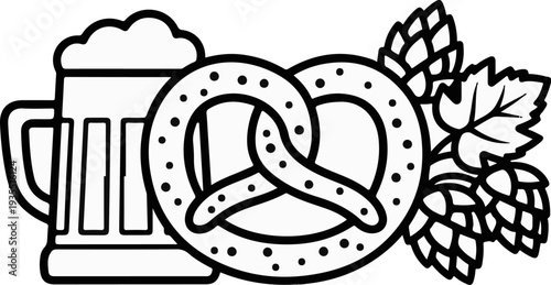 A black and white illustration of a beer mug, pretzel, and hops