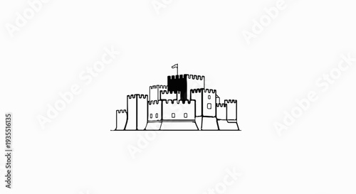 A black and white illustration of a castle with a moat