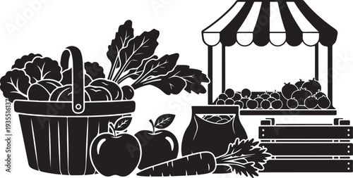 Fresh produce market stand with basket of vegetables illustration