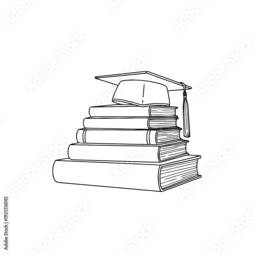 Stack of academic textbooks forms a stable pyramid topped with a graduation cap, symbolizing educational achievement and learning.