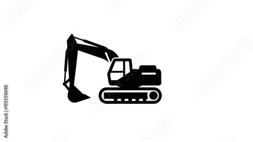 Excavator icon, digger symbol, construction machinery silhouette on white background.