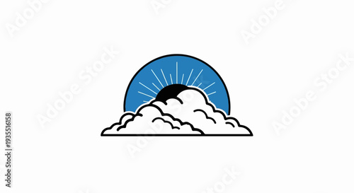 A blue semi-circle with radiating lines, partially obscured by clouds