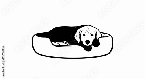 A black and white illustration of a dog resting on its bed