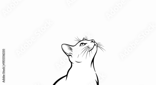 A black and white line drawing of a cat's head looking upwards