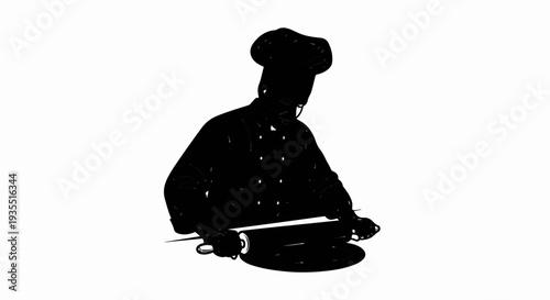Silhouette of a chef in a tall hat using a rolling pin on dough