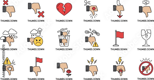 Collection of thumbs down icons with various negative symbols and scenarios dislike rejection